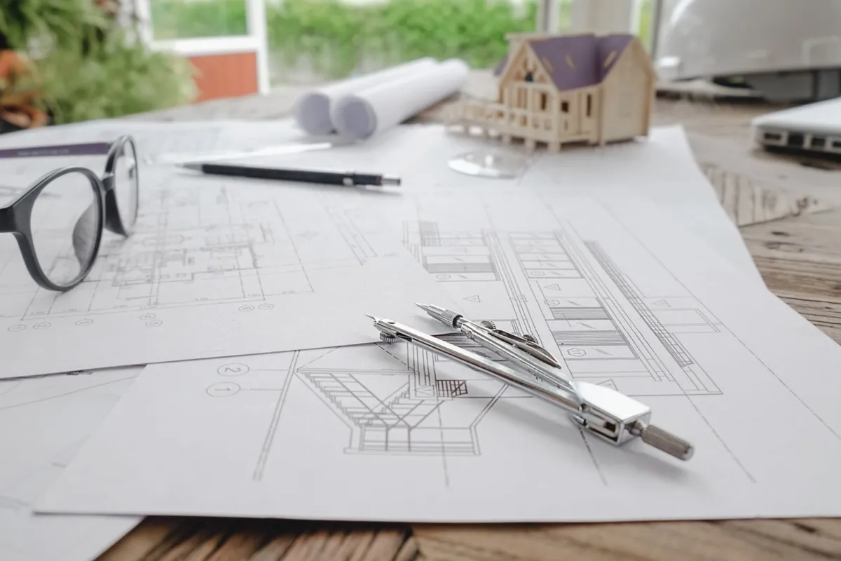 Architect reviewing drawings and a model in a design studio