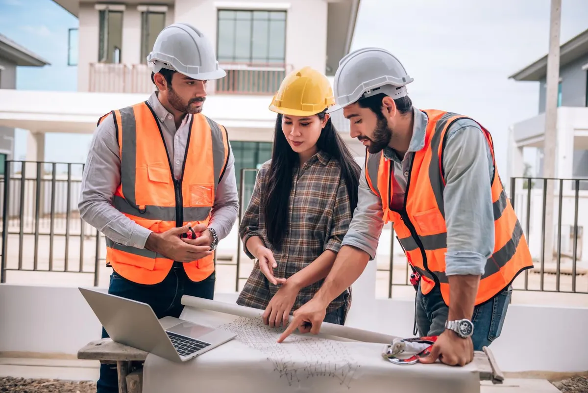 Construction workers on a building site reviewing plans