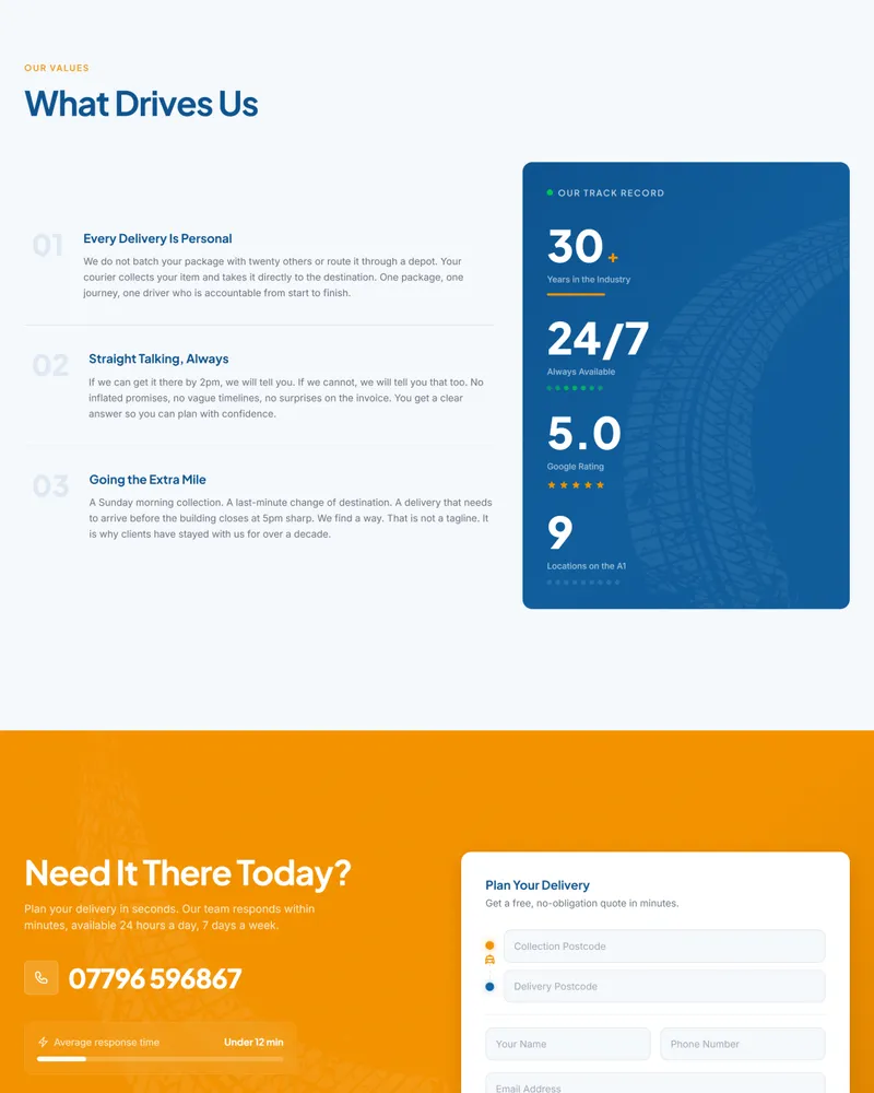 A1 Sameday Couriers values and track record section