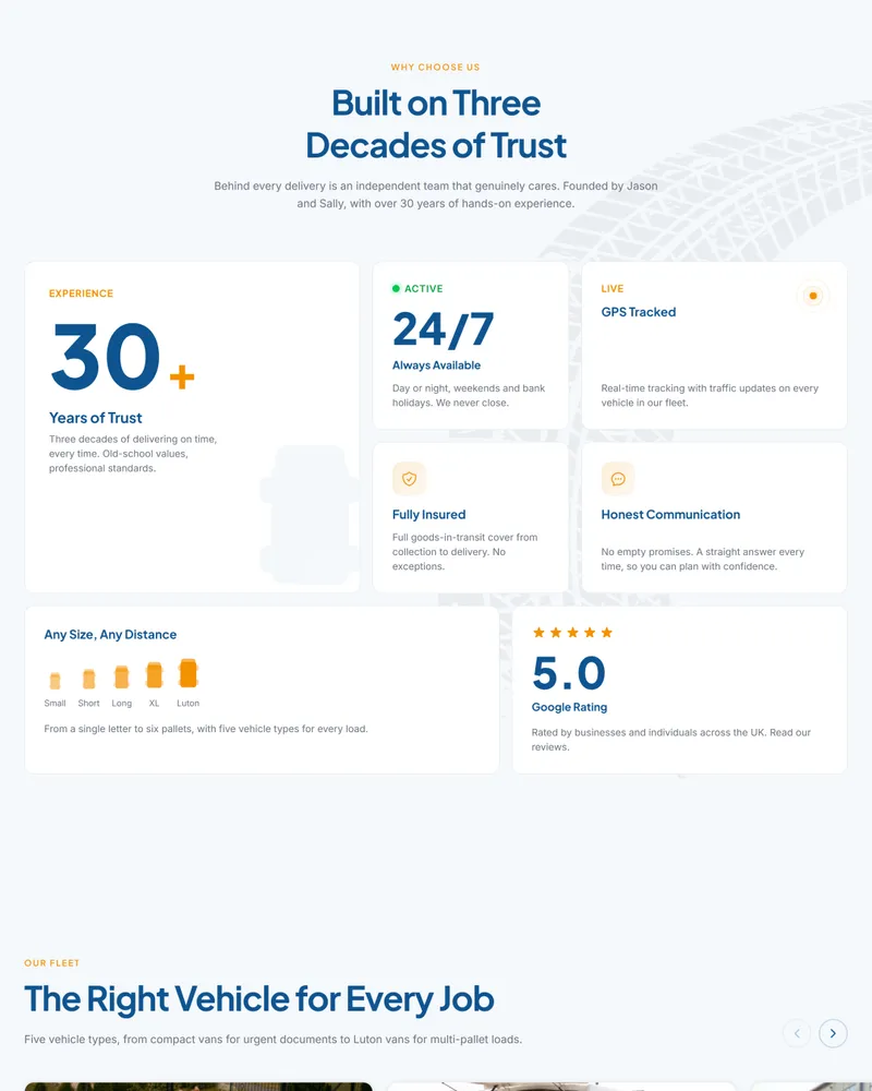 A1 Sameday Couriers trust section, 30 plus years and 5.0 Google rating