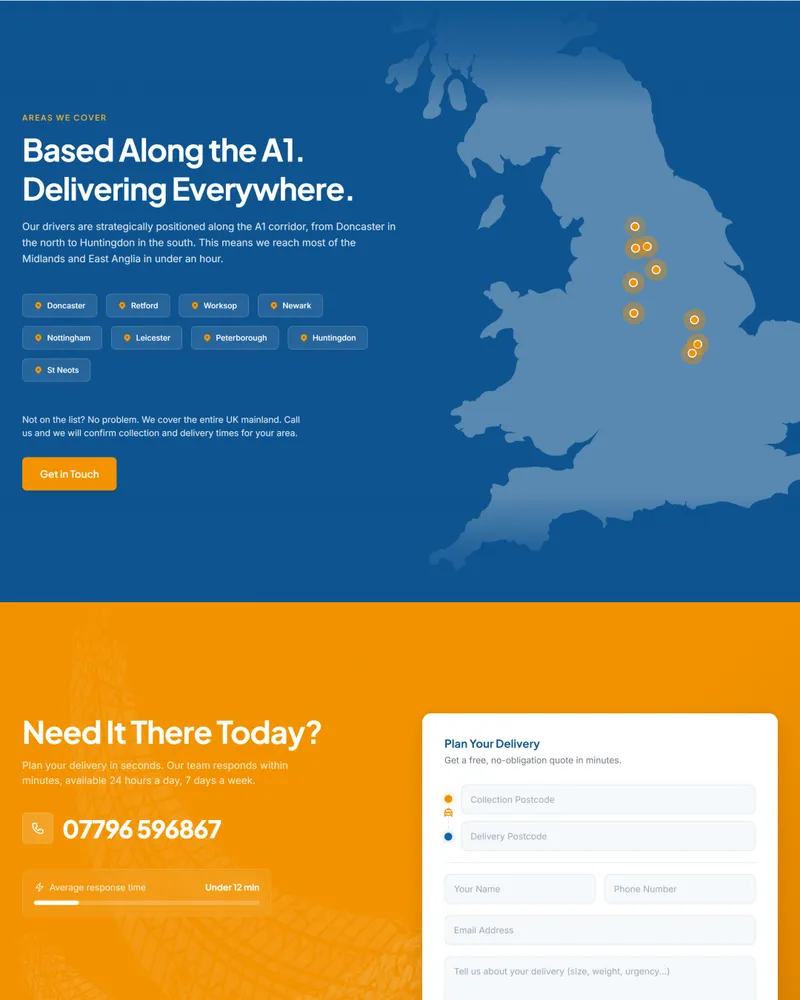 A1 Sameday Couriers UK coverage map along the A1 corridor