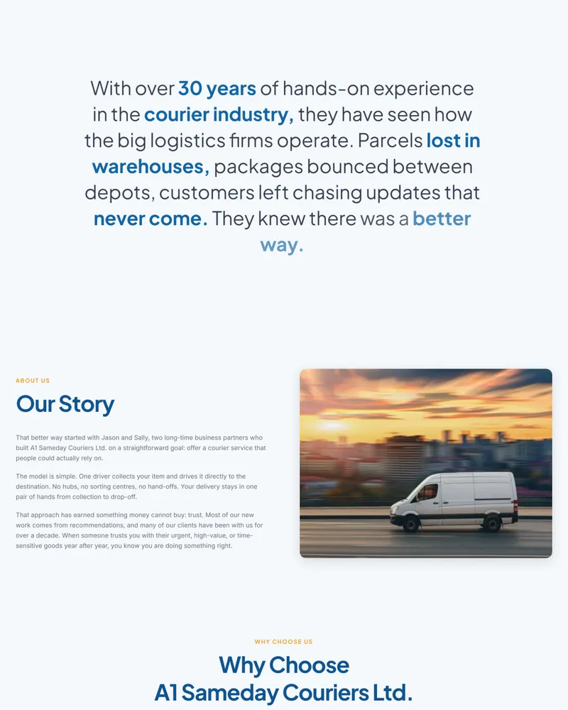 A1 Sameday Couriers story section with delivery van
