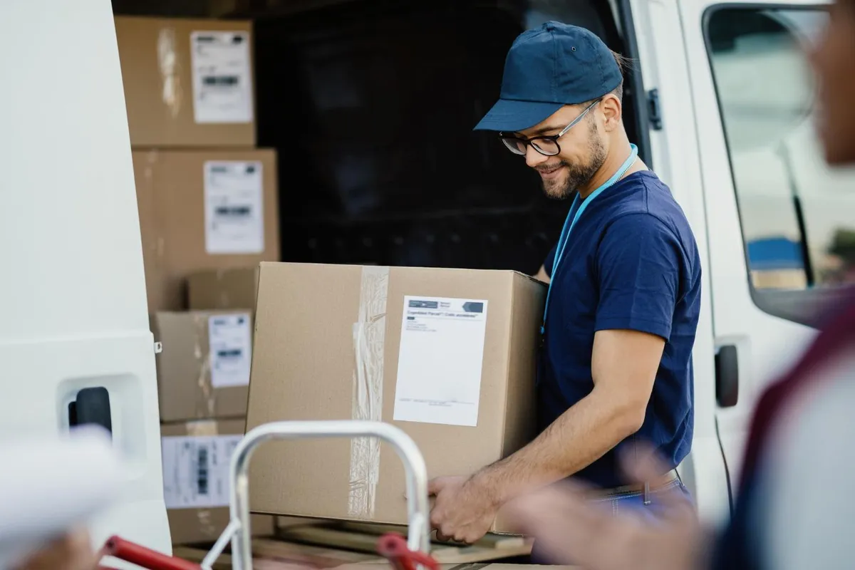 Courier driver loading parcels into a delivery van