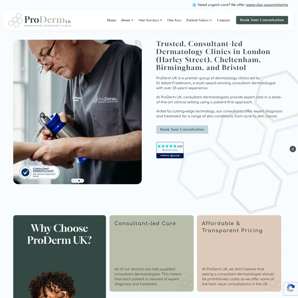 ProDerm UK homepage showing Dr Adam Friedmann and clinic locations across London, Cheltenham, Birmingham, and Bristol