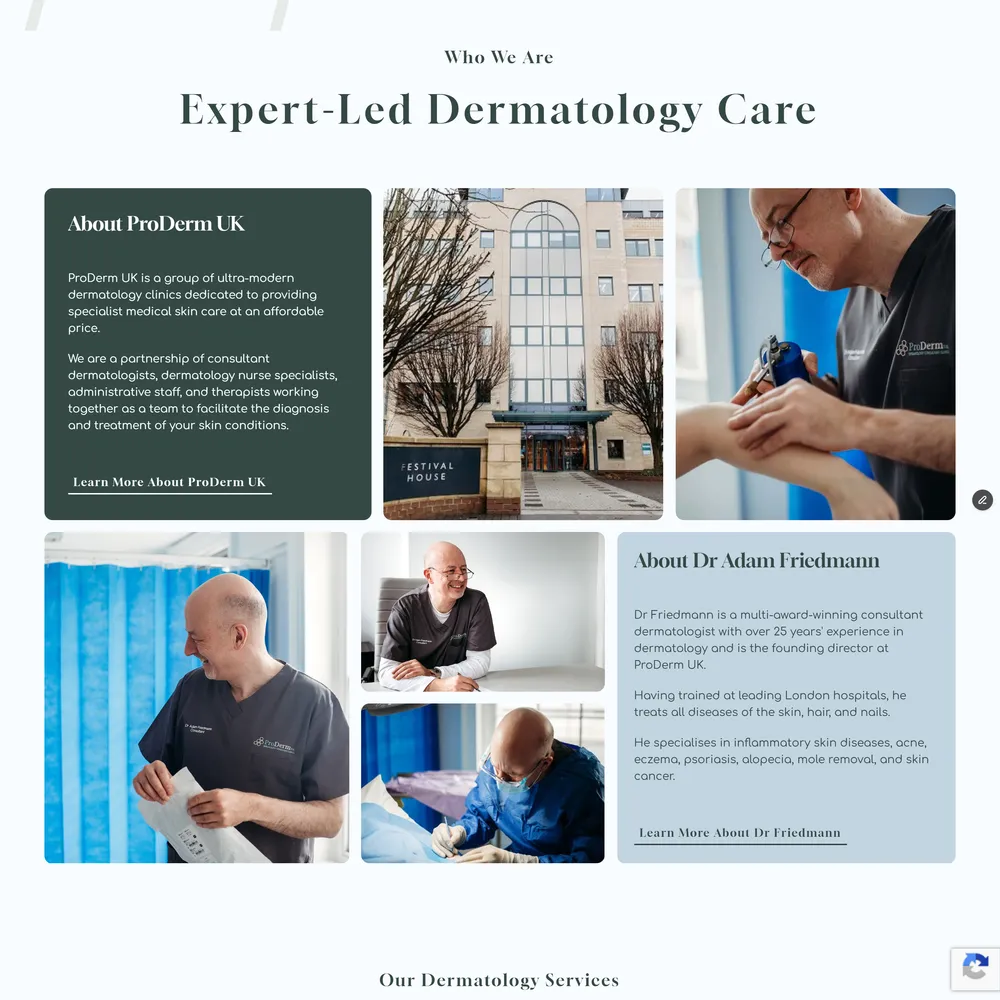 ProDerm UK about section featuring the expert dermatology team and Dr Adam Friedmann profile