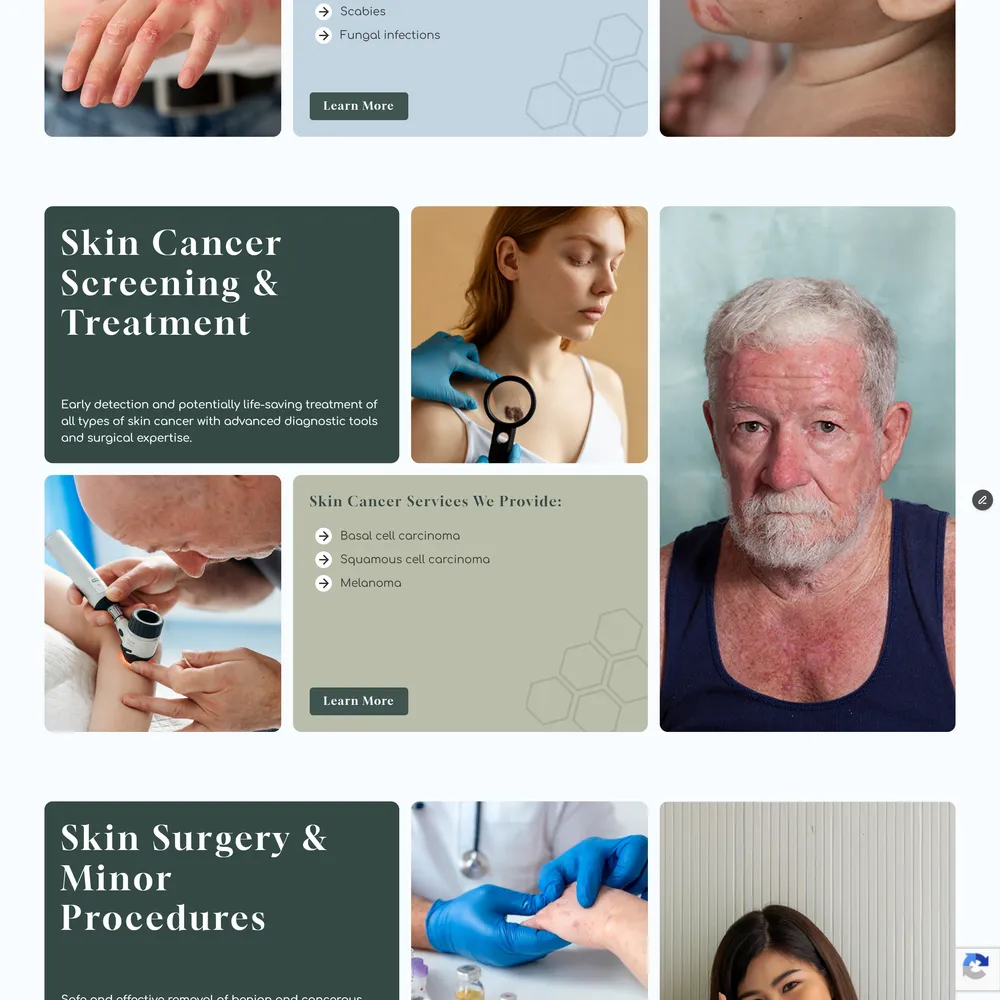 ProDerm UK dermatology services page showing skin cancer screening, treatment options, and skin surgery