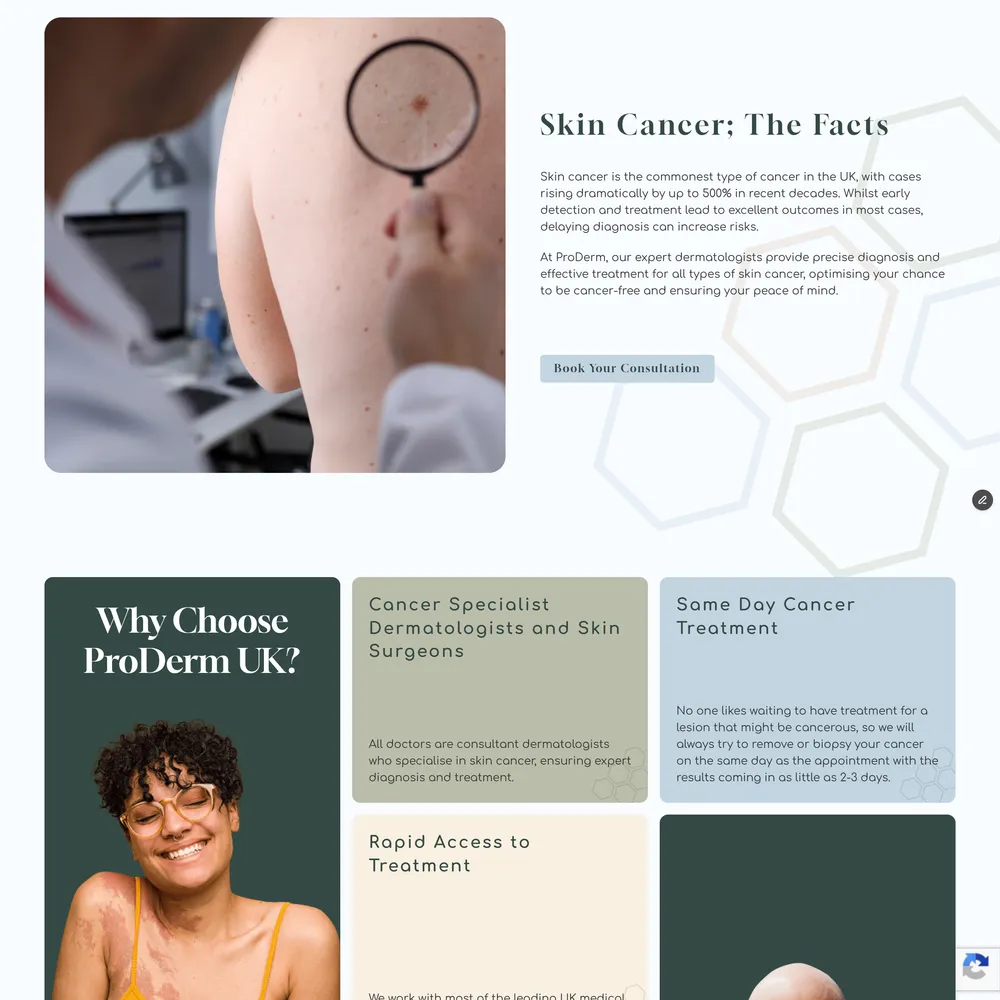 ProDerm UK skin cancer information page with specialist dermatologist credentials and treatment details
