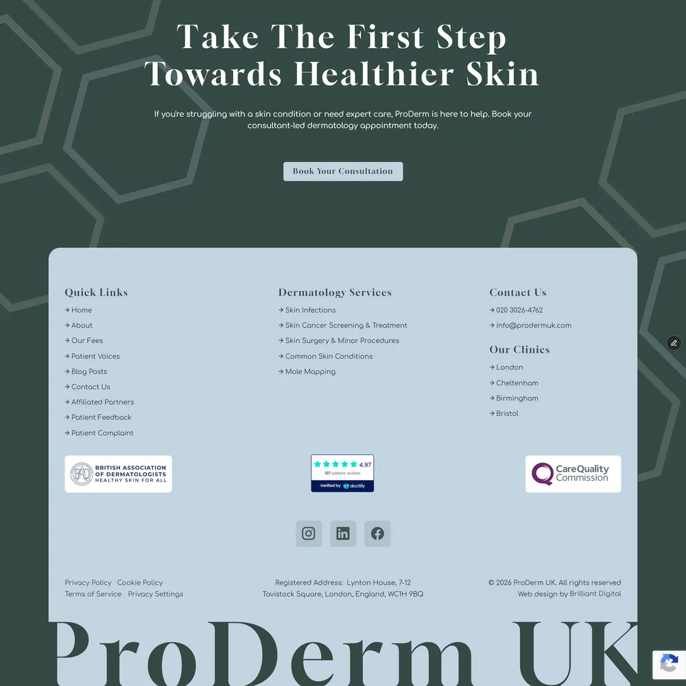 ProDerm UK footer and contact section with clinic locations, dermatology services, and professional accreditations