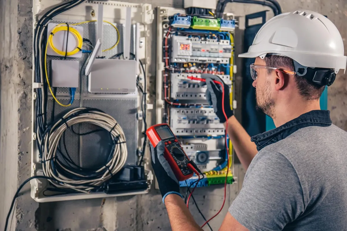 Electrician installing wiring in a residential property