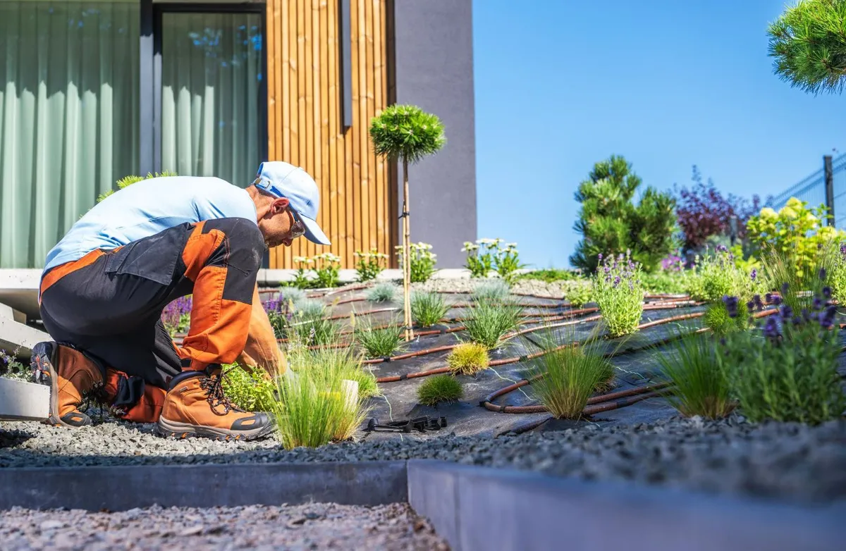Landscaper laying a patio in a newly designed garden
