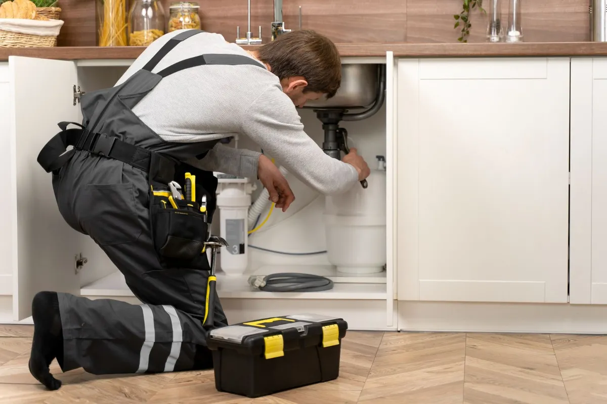 Plumber working on pipes under a kitchen sink
